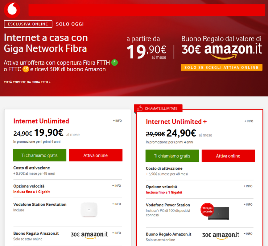Vodafone: Fibra da 19,90€ /mese + buono Amazon 30€ in regalo - solo oggi  19/12/18