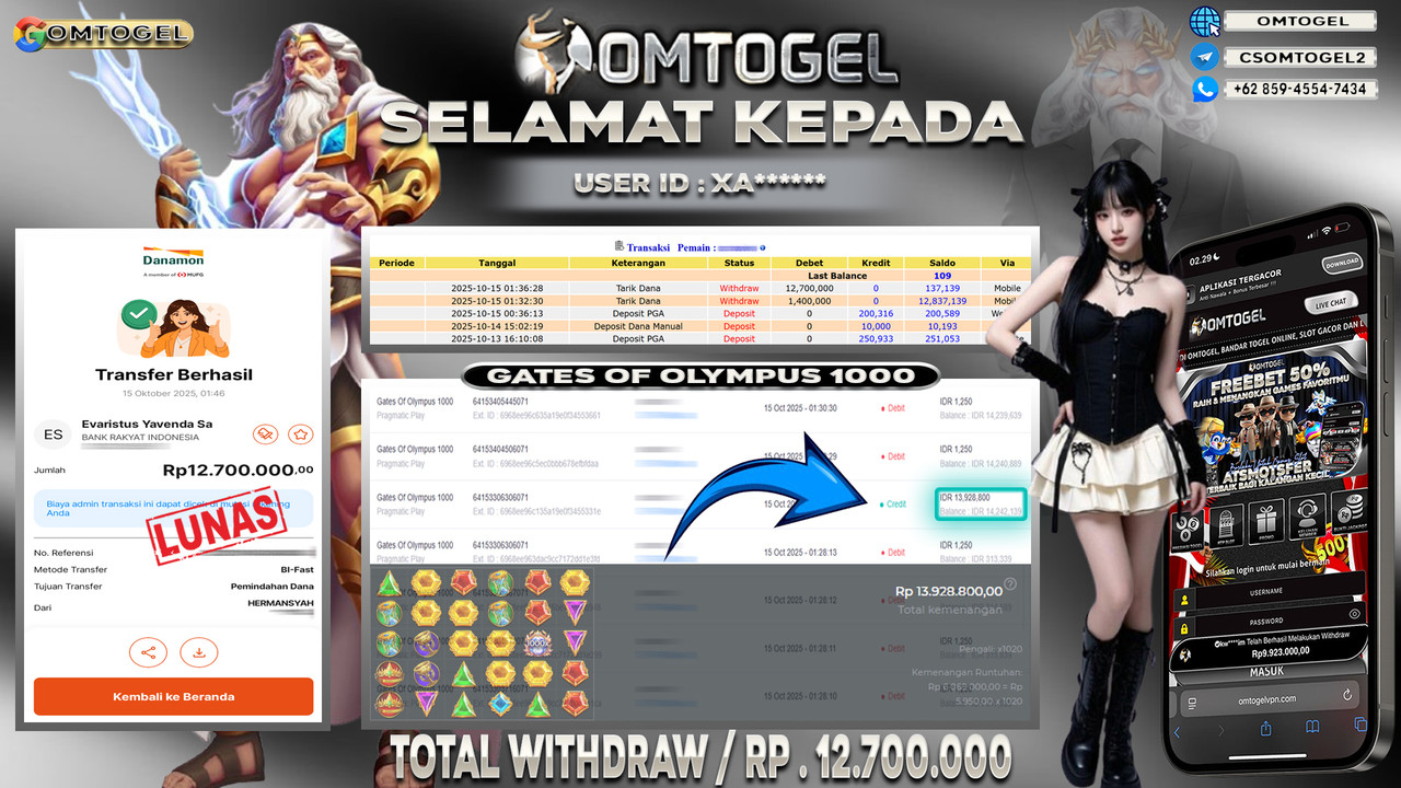 OMTOGEL JACKPOT PRAGMATIC PLAY GATES OF OLYMPUS 1000 12 JUTA DI BAYAR LUNAS ,-