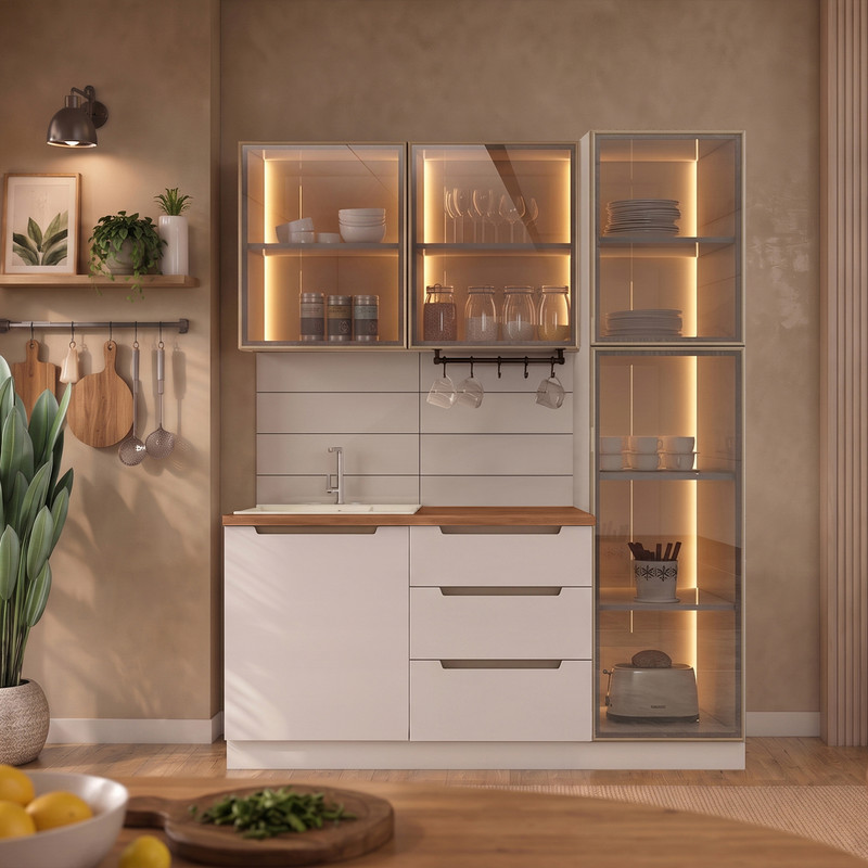 Hera 170 cm Mutfak Dolabı Seti %100 MDF Ledli Boy Dolaplı Çekmeceli Lavabolu Mutfak Dolabı Takımı 5 Modül Tezgah Dahil Bej