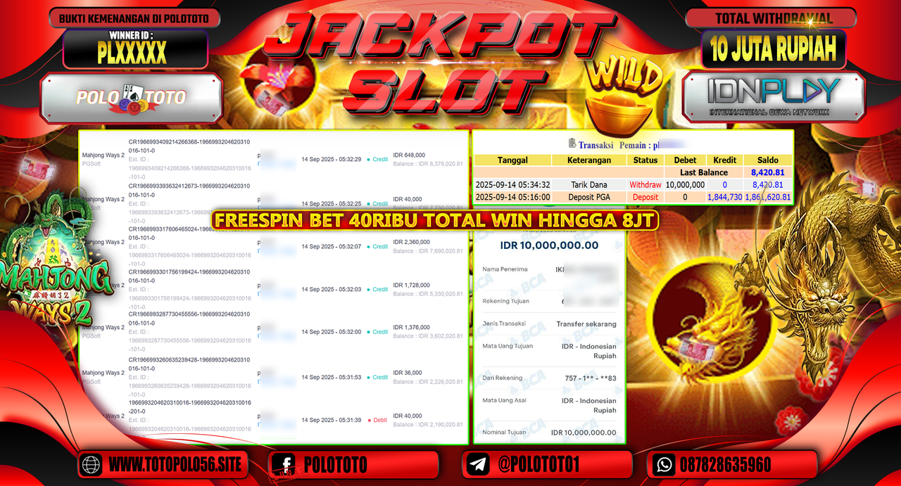 POLOTOTO JACKPOT SLOT MAHJONG WAYS 2 Rp.10.000.000,-