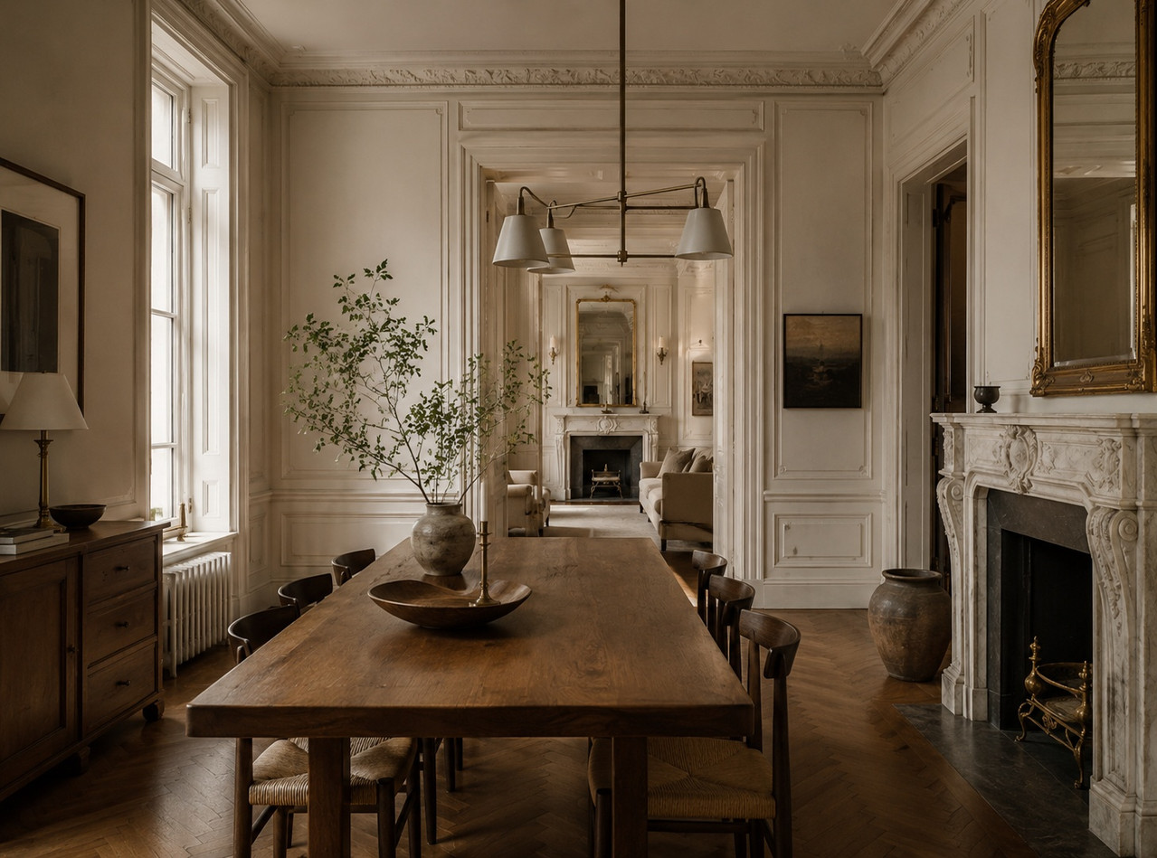 Layered interior dining room with warm materials