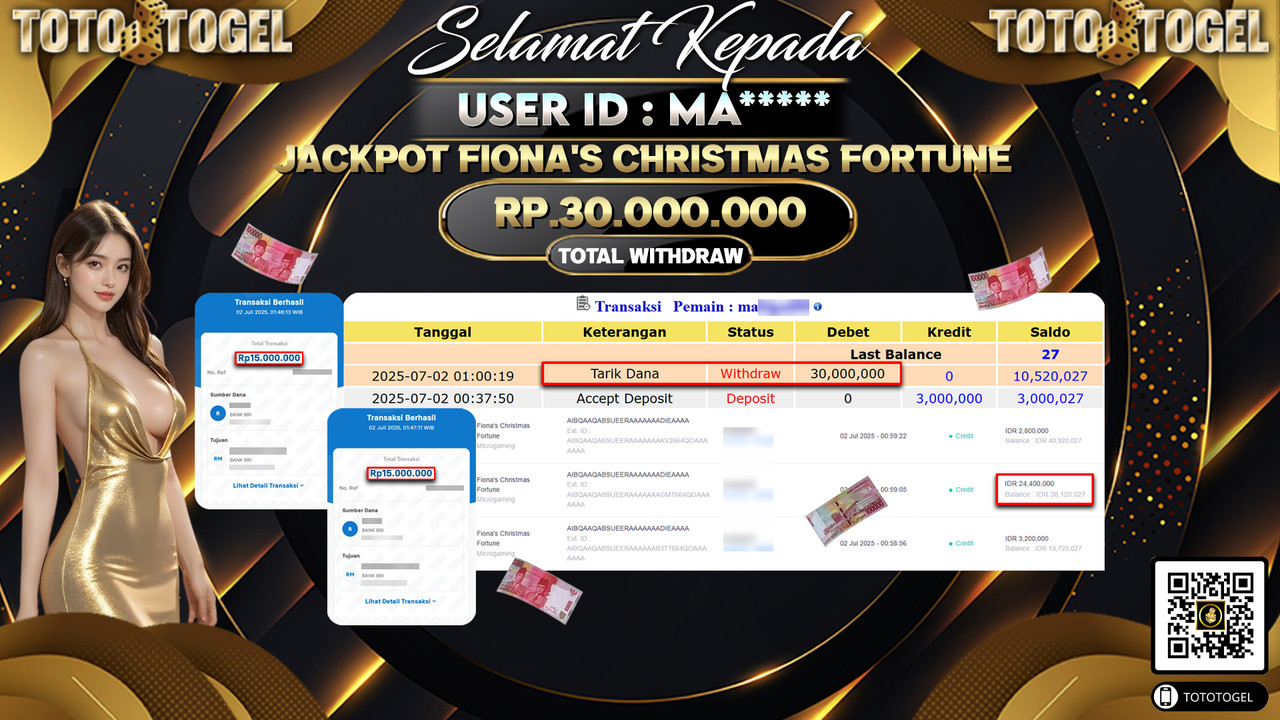 Bukti Pembayaran Jackpot Permainan Slot Fiona S Christmas Fortune ID:MA***** LUNAS