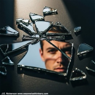 A haunting image of a man’s unsmiling face fragmented into shards of glass, symbolizing irreversible emotional change and a broken sense of self.