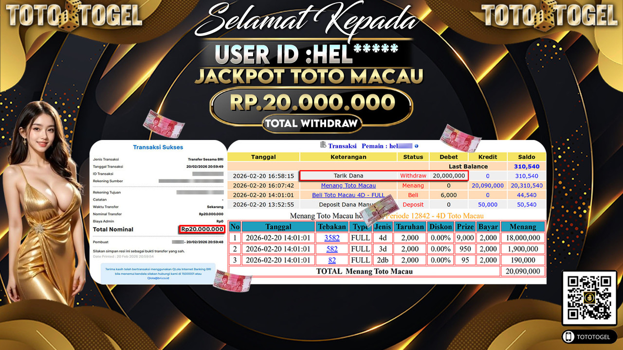 Bukti Pembayaran Jackpot Permainan Togel Toto Macau ID:HEL*****LUNAS
