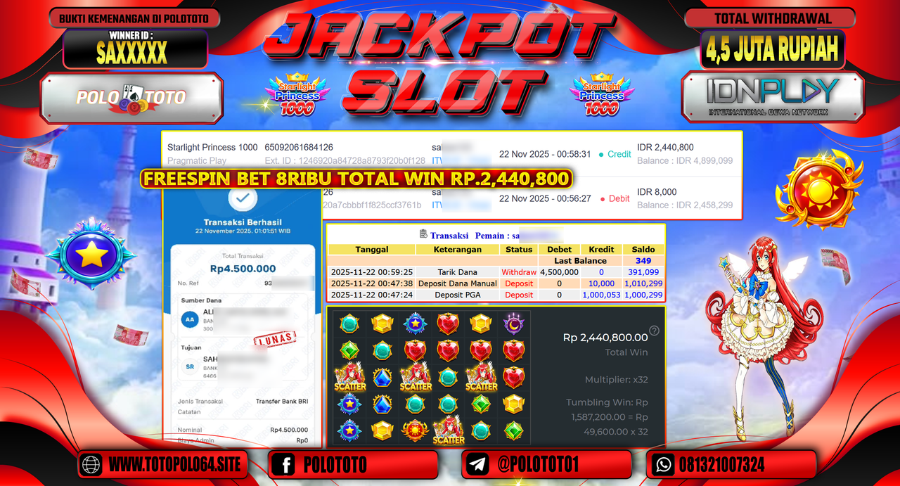 POLOTOTO JACKPOT SLOT STARLIGHT PRINCESS 1000 Rp.4.500.000,- LUNAS