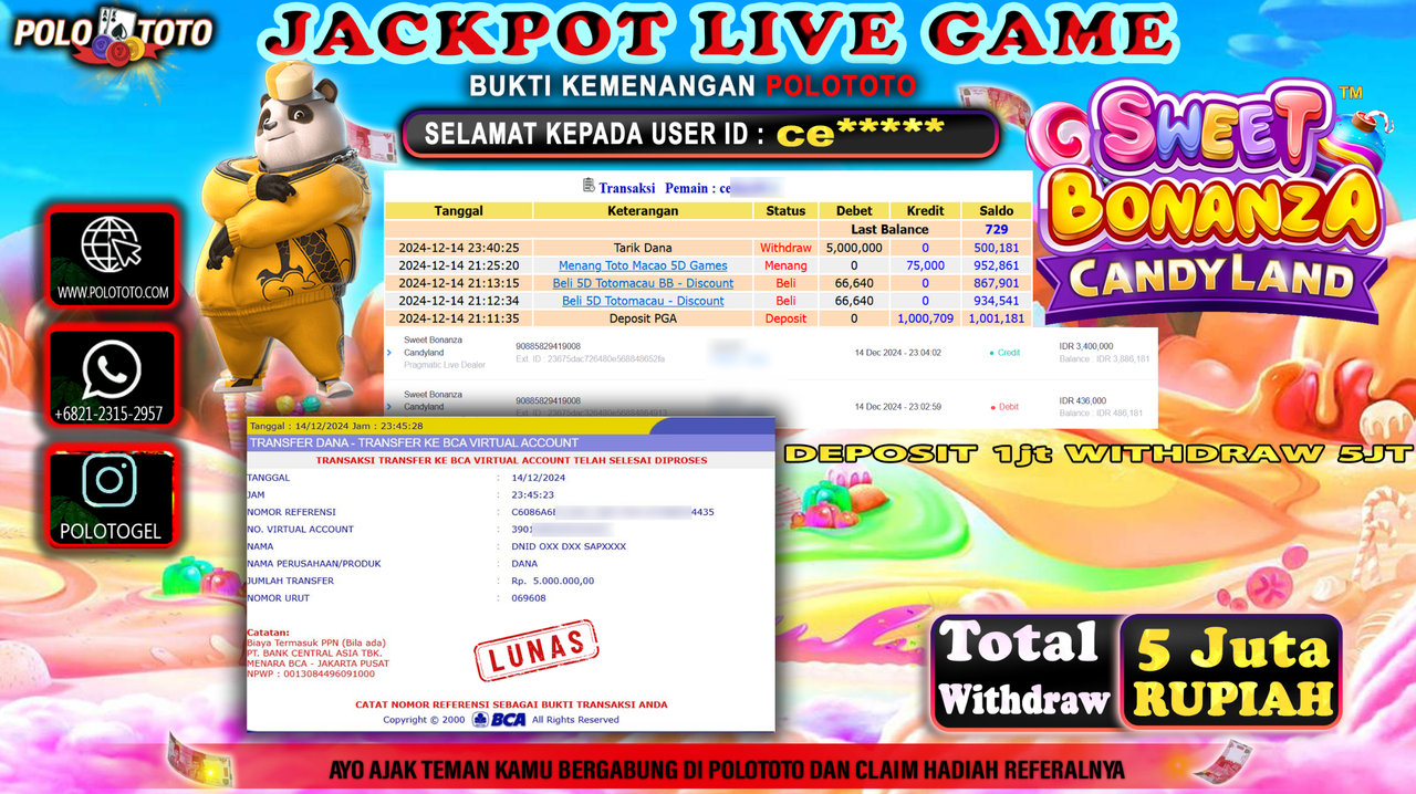 POLOTOTO JACKPOT LIVE GAME SWEET BONANZA CANDYLAND Rp.5,000.000,-