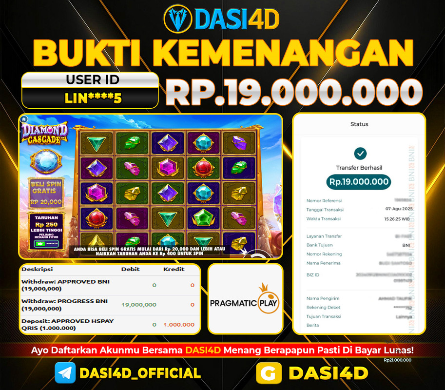 BUKTI KEMENANGAN 07 JULI 2025 DI DIAMOND CASCADE WD 19.000.000