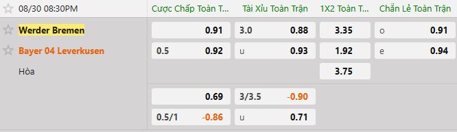 Soi kèo tài xỉu cả trận Werder Bremen vs Bayer Leverkusen