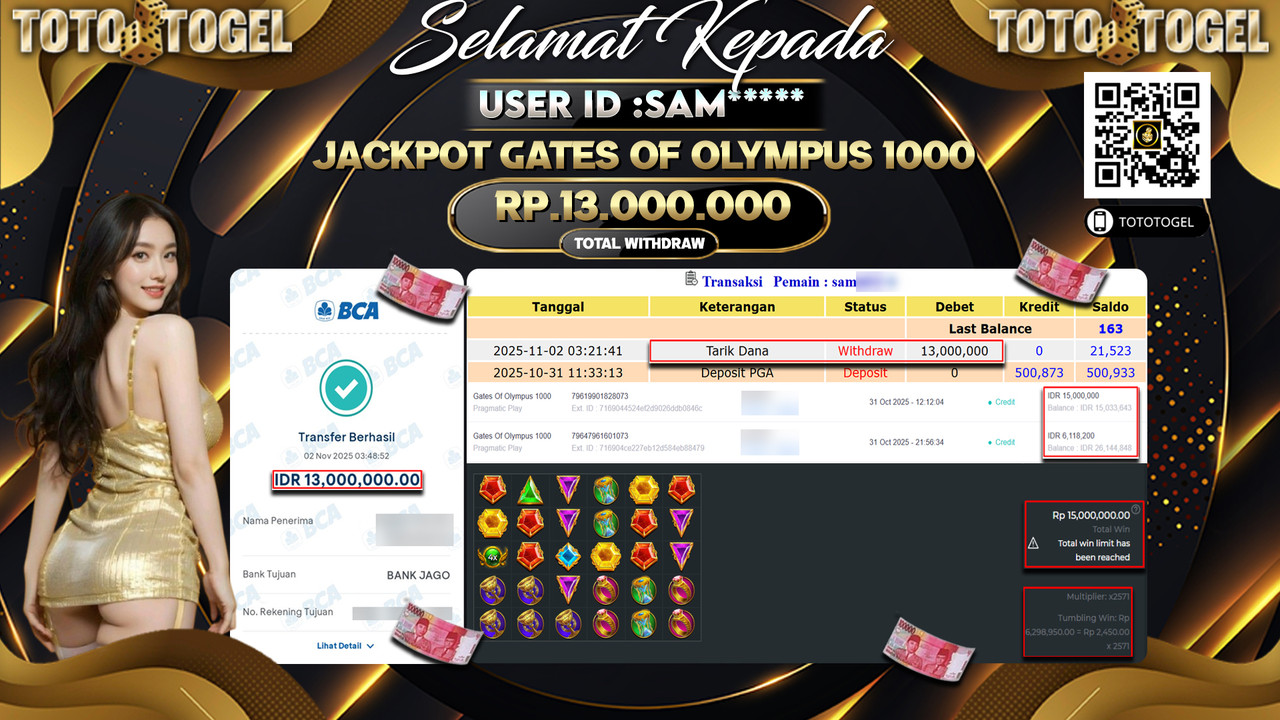 Bukti Pembayaran Jackpot Permainan Slot Gates Of Olympus 1000 ID:SAM**** LUNAS
