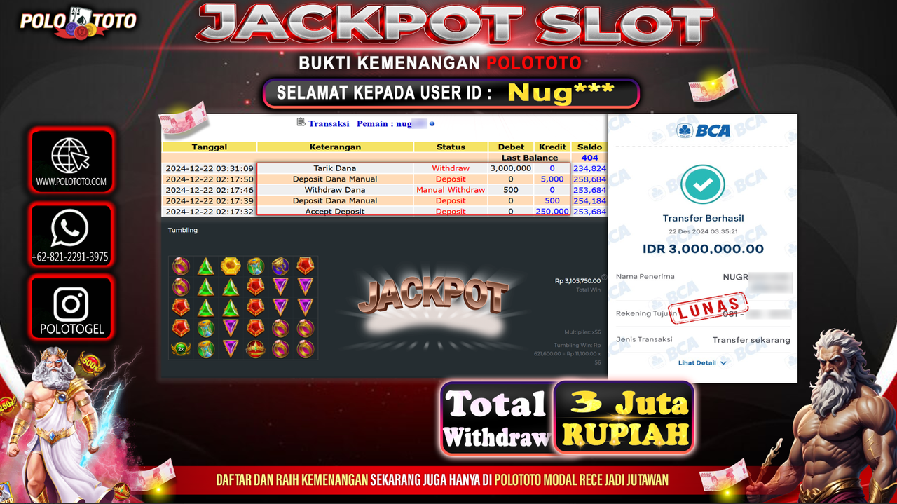 POLOTOTO JACKPOT SLOT GATES OF OLYMPUS Rp.3,000.000,-