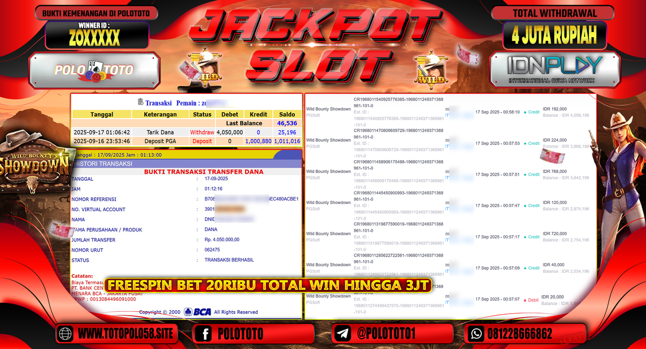 POLOTOTO JACKPOT SLOT WILD BOUNTY SHOWDOWN Rp.4.050.000,-