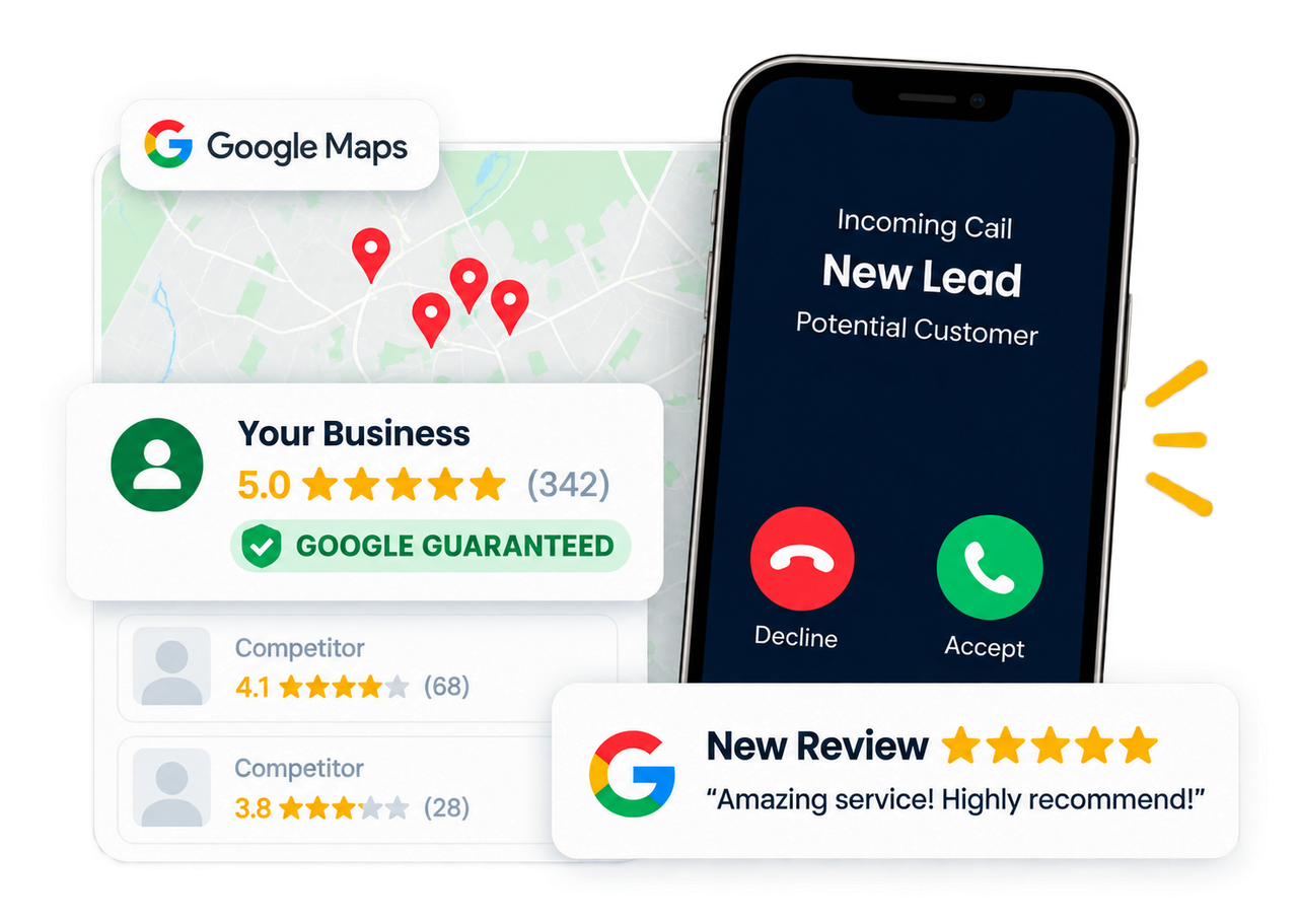 Google Maps listing, incoming new lead call, and a new 5-star review