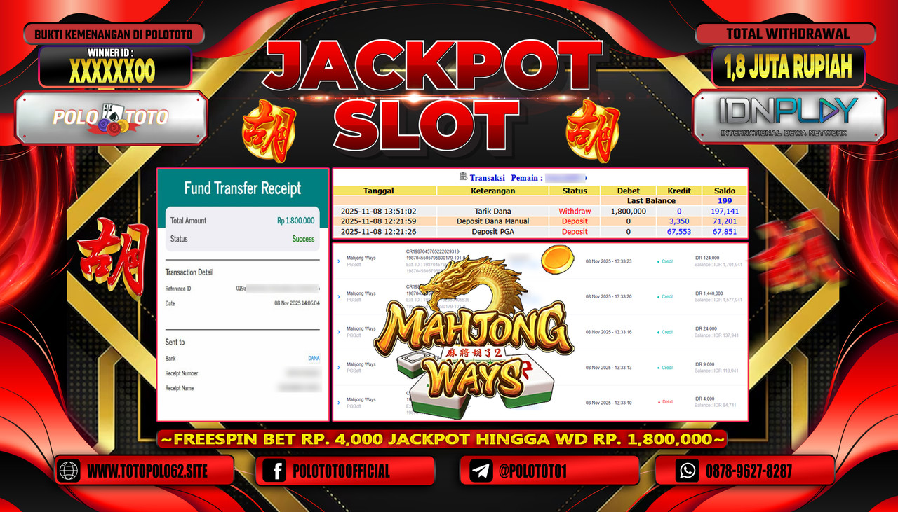 POLOTOTO JACKPOT SLOT MAHJONG WAYS Rp.1.800.000,- LUNAS