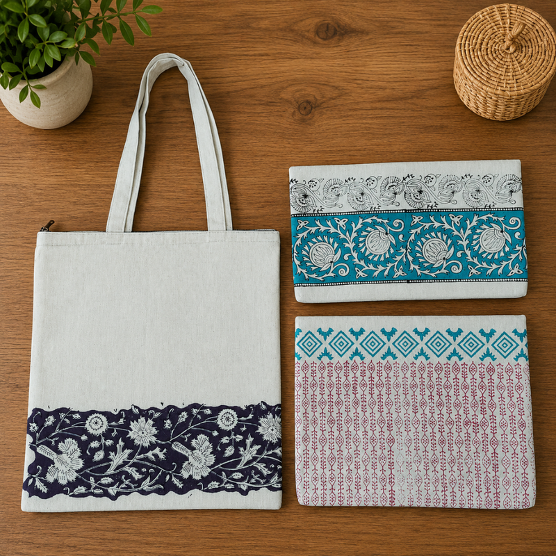 Qyaari by Penkraft Hand Block Printed Tote Bags – Set of 3 Pattern 4