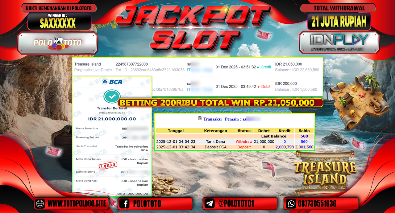 POLOTOTO JACKPOT SLOT TRESURE ISLAND Rp.21.000.000,- LUNAS