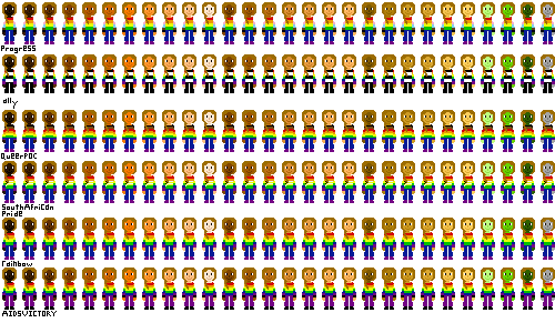 a row of people with pride flag shirts and brownish blond hair