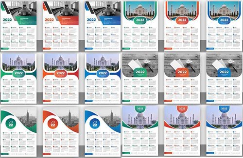 Realistic 2022 Calendars - 6 Vector Templates In 3 Colors Each