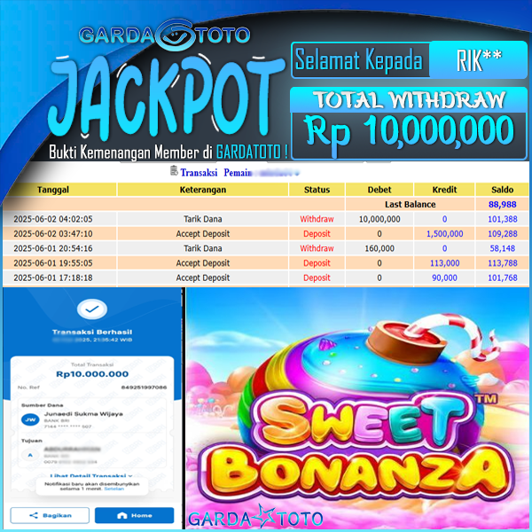 JACKPOT DI PERMAINAN  SLOT SWEET BONANZA WD Rp 10.000.000,- DIBAYAR LUNAS GARDATOTO MANTAP !