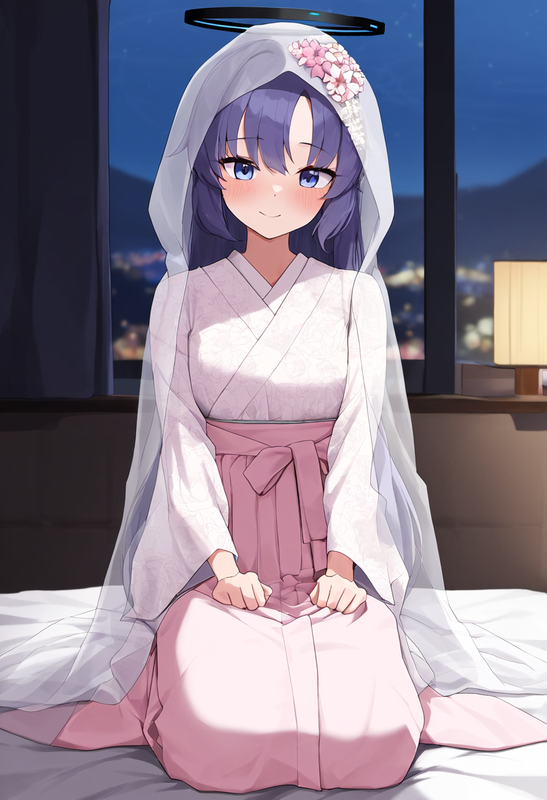 1girl, healthyman, yuuka (blue archive), blush, happy, hood, pink wedding kimono s-2532491634