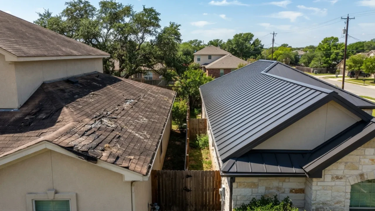 Side by side comparison of aged asphalt shingle roof with cracked brittle shingles next to intact metal roof on neighboring San Antonio homes