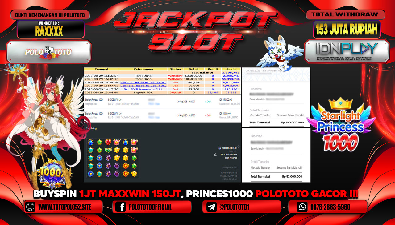 POLOTOTO JACKPOT SLOT STARLIGHT PRINCES 1000 Rp.153.000.000,-LUNAS