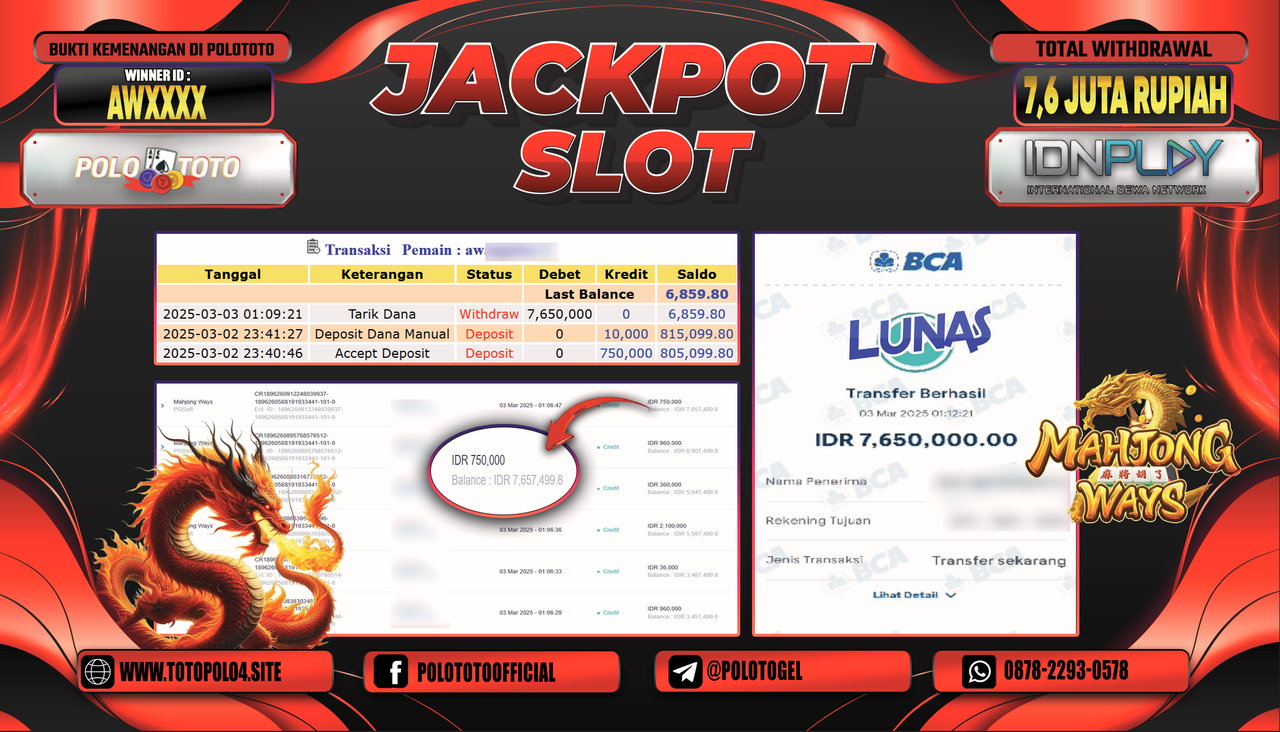 POLOTOTO JACKPOT SLOT MAHJONG WAYS Rp.7.650.000,-