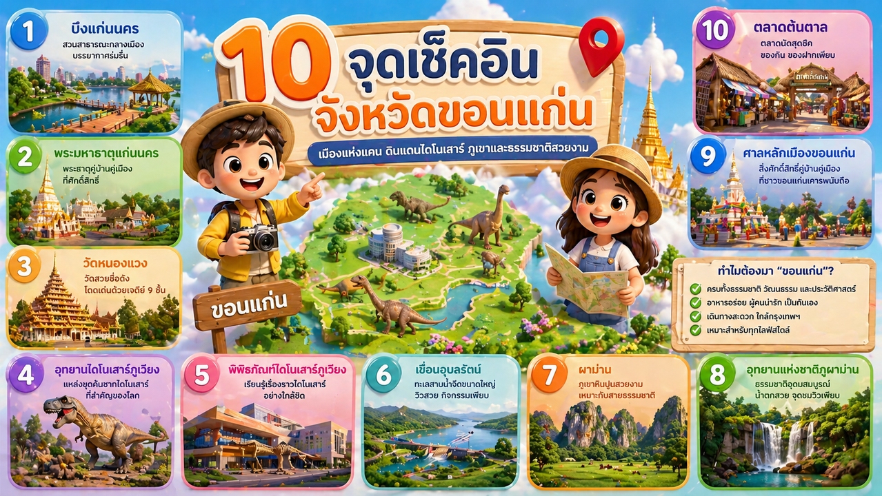 Khon Kaen 3D Infographic Prompt (10 Must-Visit Checkpoints Pixar Style)