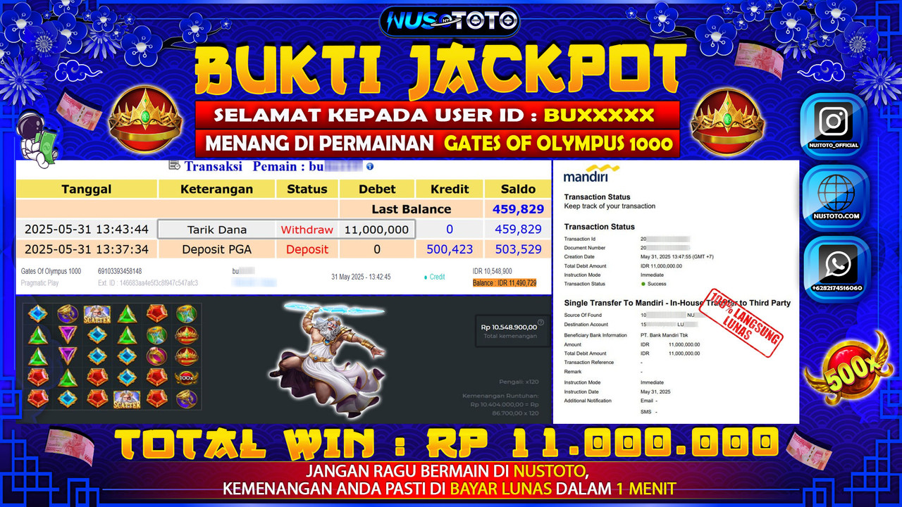 JACKPOT !! MENANG BESAR DI SLOT GATES OF OLYMPUS 1000 Rp. 11.000.000 LANGSUNG DI BAYAR LUNAS NUSTOTO !!