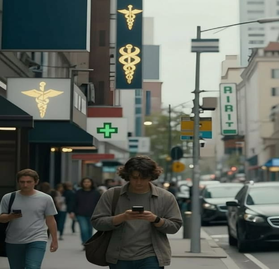 Person distracted on phone, walking past hidden symbols - spiritual blindness