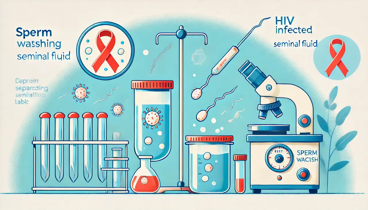 Illustration showing the sperm washing process, a critical step in ensuring safe parenthood for HIV-positive individuals.