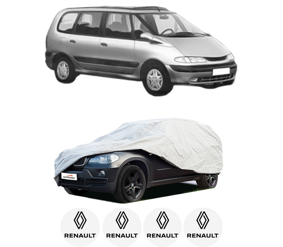 Husa tip prelata auto pentru RENAULT ESPACE III (JE0_) din 1996-2002, Culoare Gri, material textil impermeabil, rezistanta la intemperii praf UV, CARPASSION Husa Protectie, 4 Stickere auto cu RENAULT
