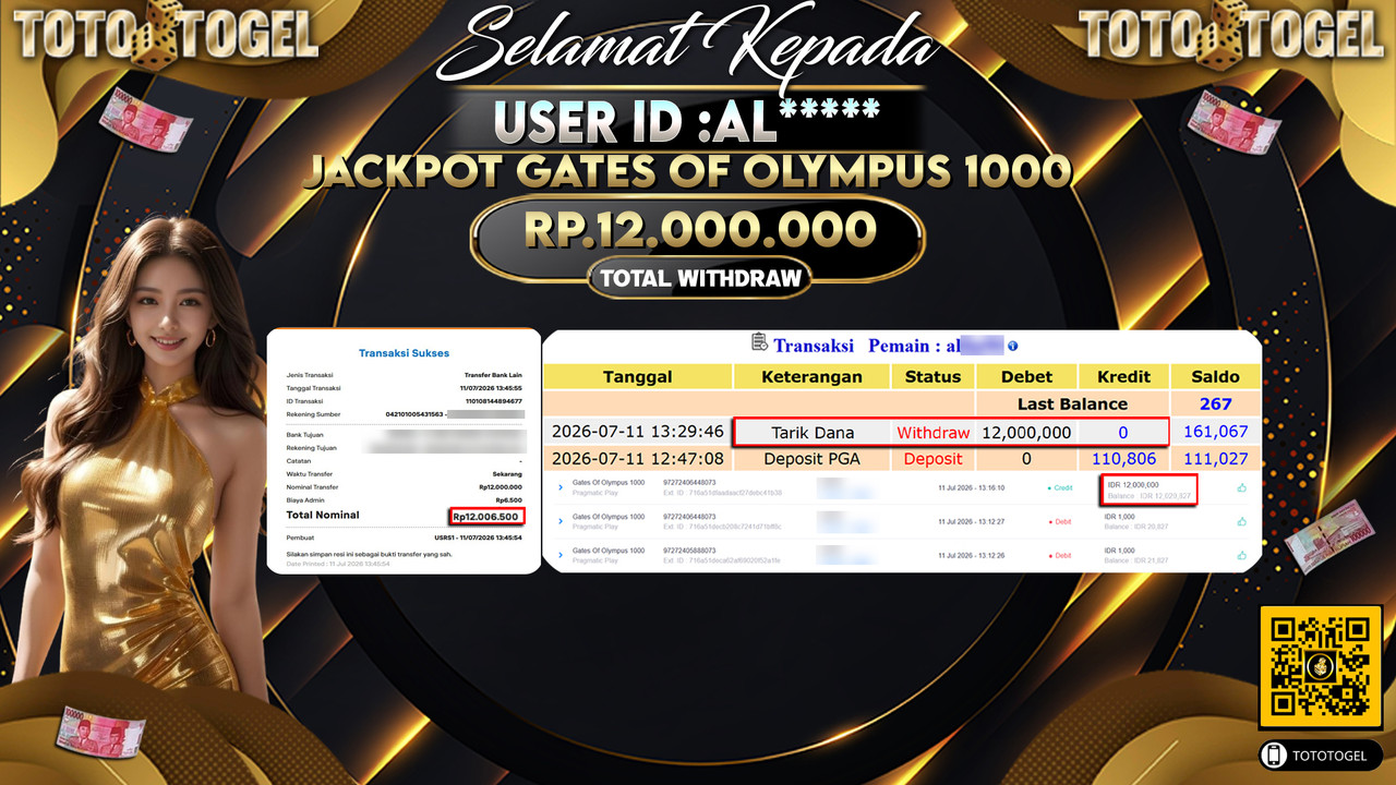 Bukti Pembayaran Jackpot Permainan SLOT GATES OF OLYMPUS 1000 ID:AL****LUNAS