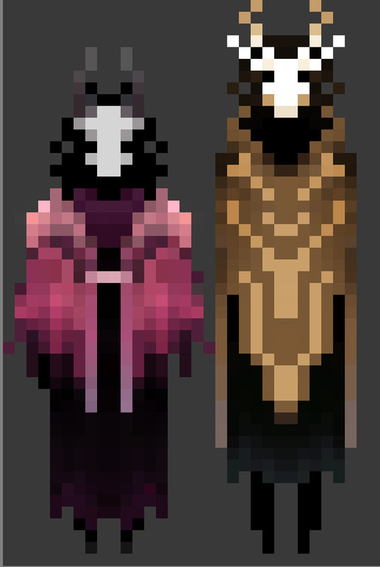 A robot, Blink, with a brown cloak on. Their arm is outstretched, and they seem to be between standing and kneeling. A black, tar-like substance seems to be emanating from the outstretched arm.