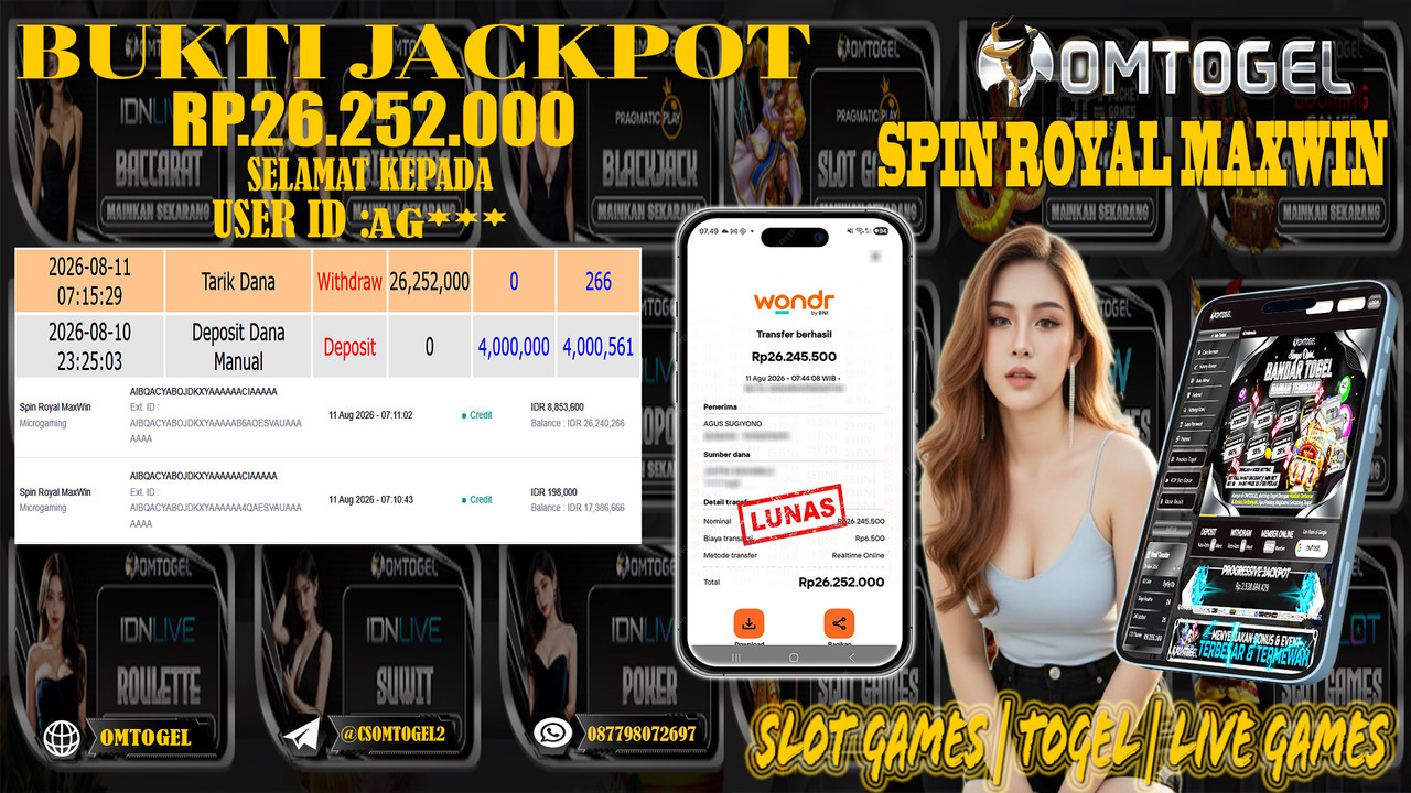 OMTOGEL JACKPOT MICROGAMING SPIN ROYAL MAXWIN  Rp,26,252,000,- DIBAYAR LUNAS