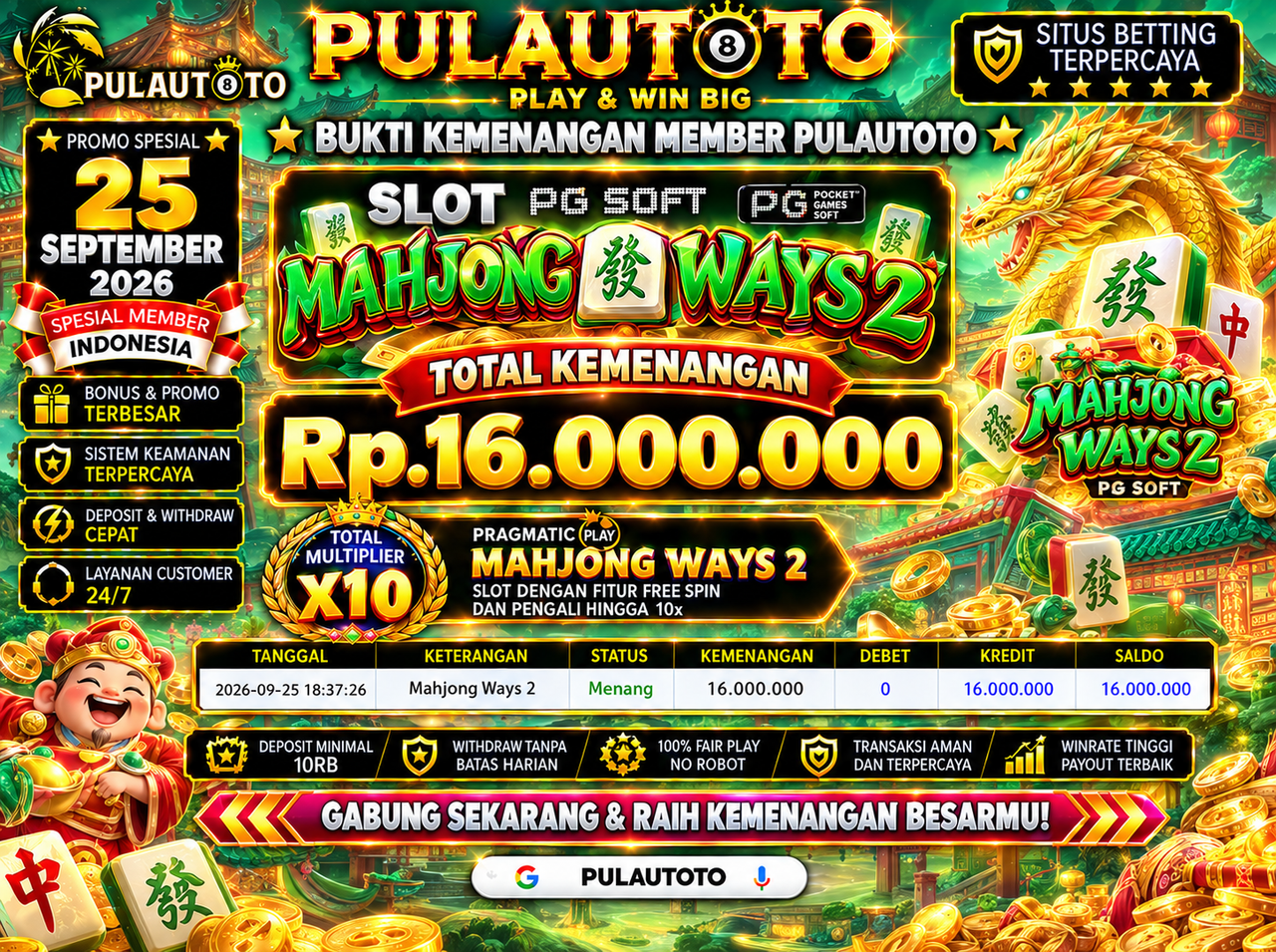 🏆BUKTI KEMENANGAN MEMBER PULAUTOTO KEMENANGAN SLOT PG SOFT MAHJONG WAYS 2 🏆