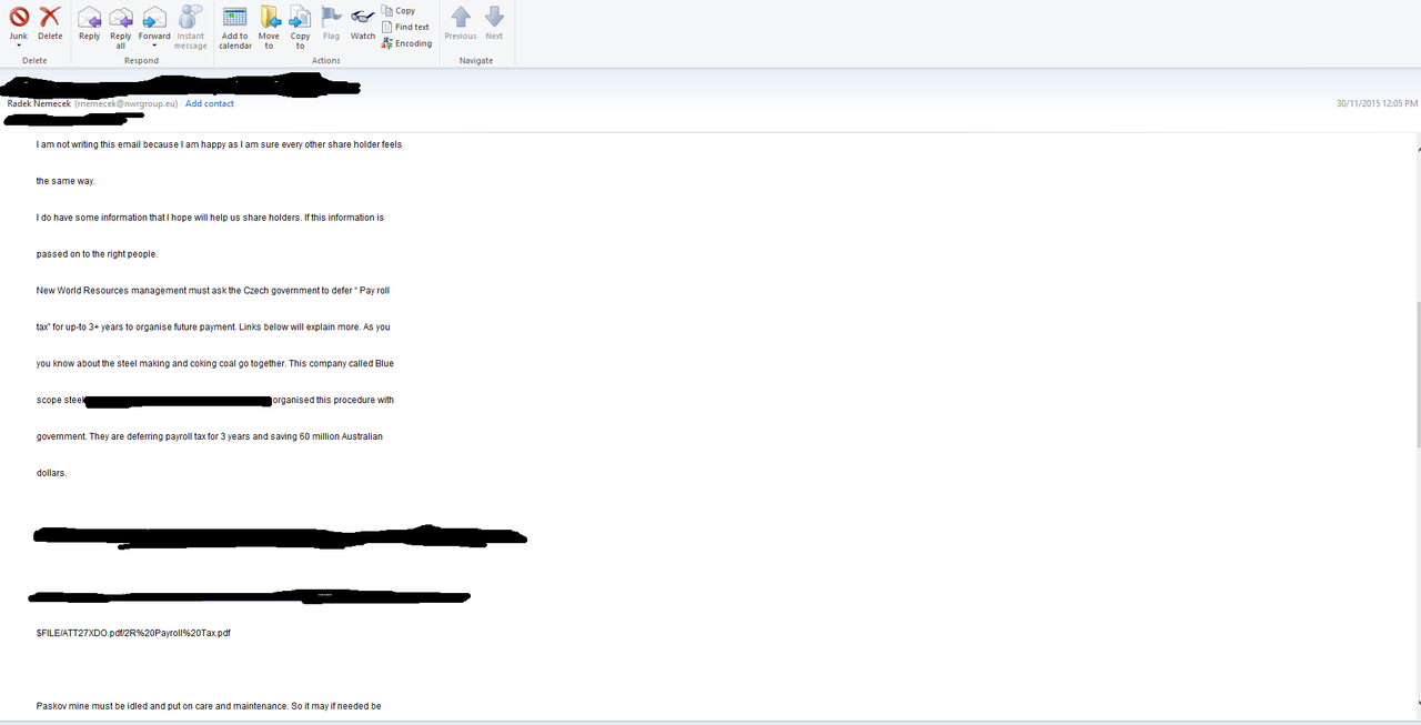 28 Nov 2015 NWR email confirmed confirmation and passed on to Ma