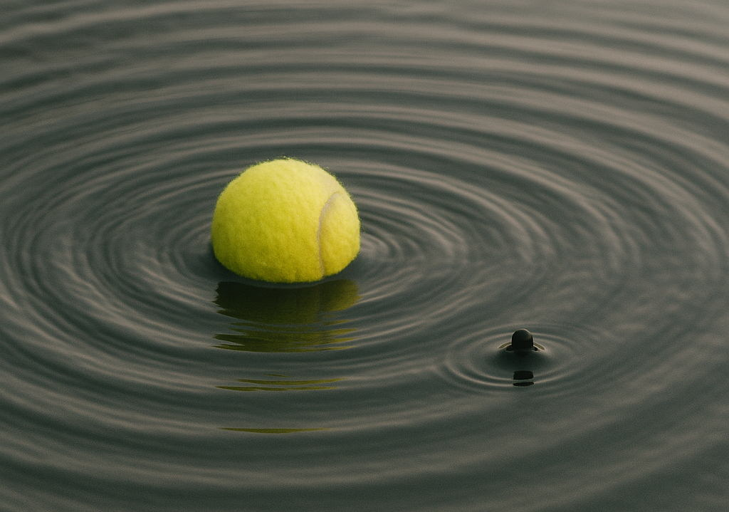 Hình 5.1. Quả bóng tenis dao động tạo nguồn sóng trên mặt hồ - Đề thi học sinh giỏi Vật lí 12 tỉnh Quảng Trị 2025 - 2026