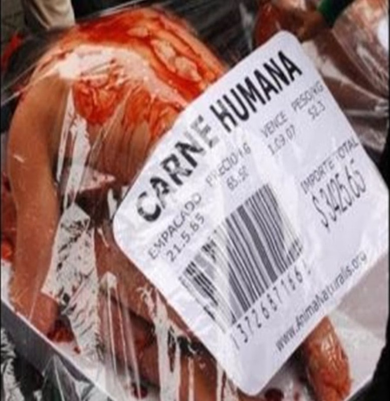 IS A DEAD PERSON ON HIS KNEES TO BE SOLD THE CANNIBALIST CABAL EATS PEOPLE CARNE HUMANA MEANS HU