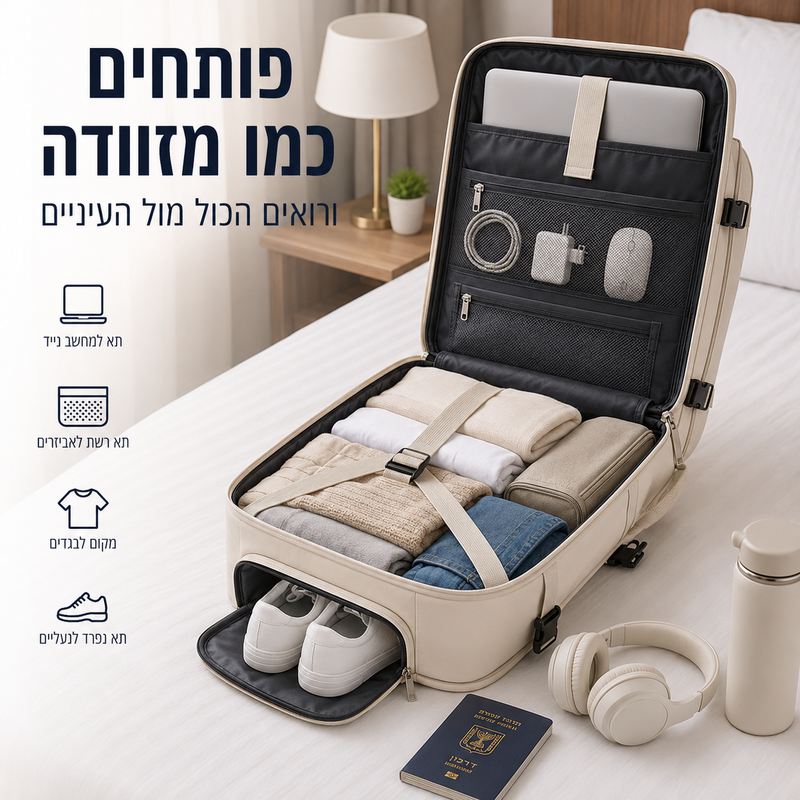 פתיחה רחבה ואריזה מסודרת בתיק נסיעות
