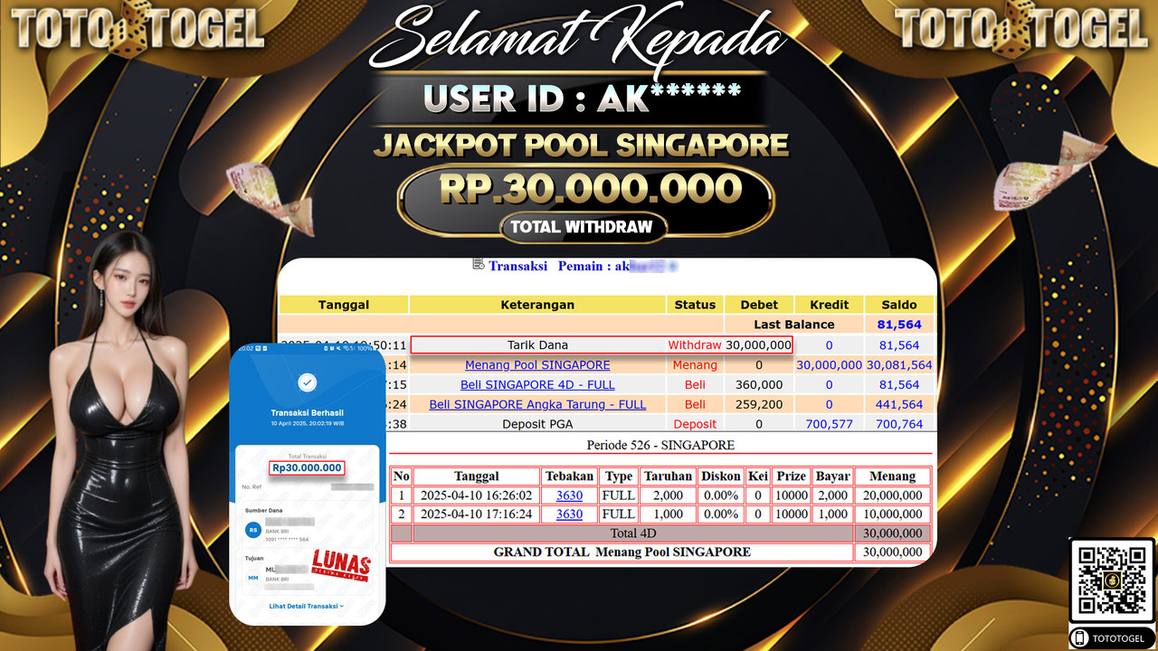 Bukti Pembayaran Jackpot  Permainan Togel Pool Singapore ID:AK****** LUNAS