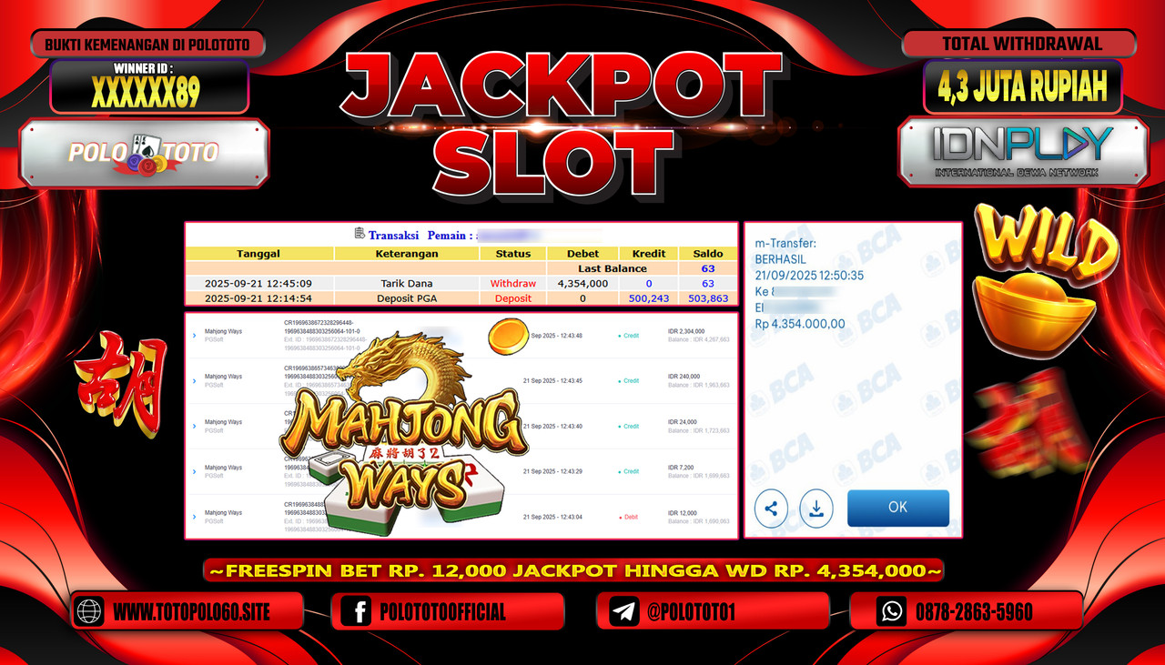 POLOTOTO JACKPOT SLOT MAHJONG WAYS Rp.4.300.000,- LUNAS