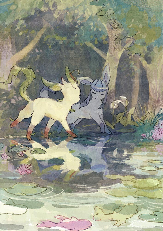 glaceon-and-leafeon-pokemon-drawn-by-yur