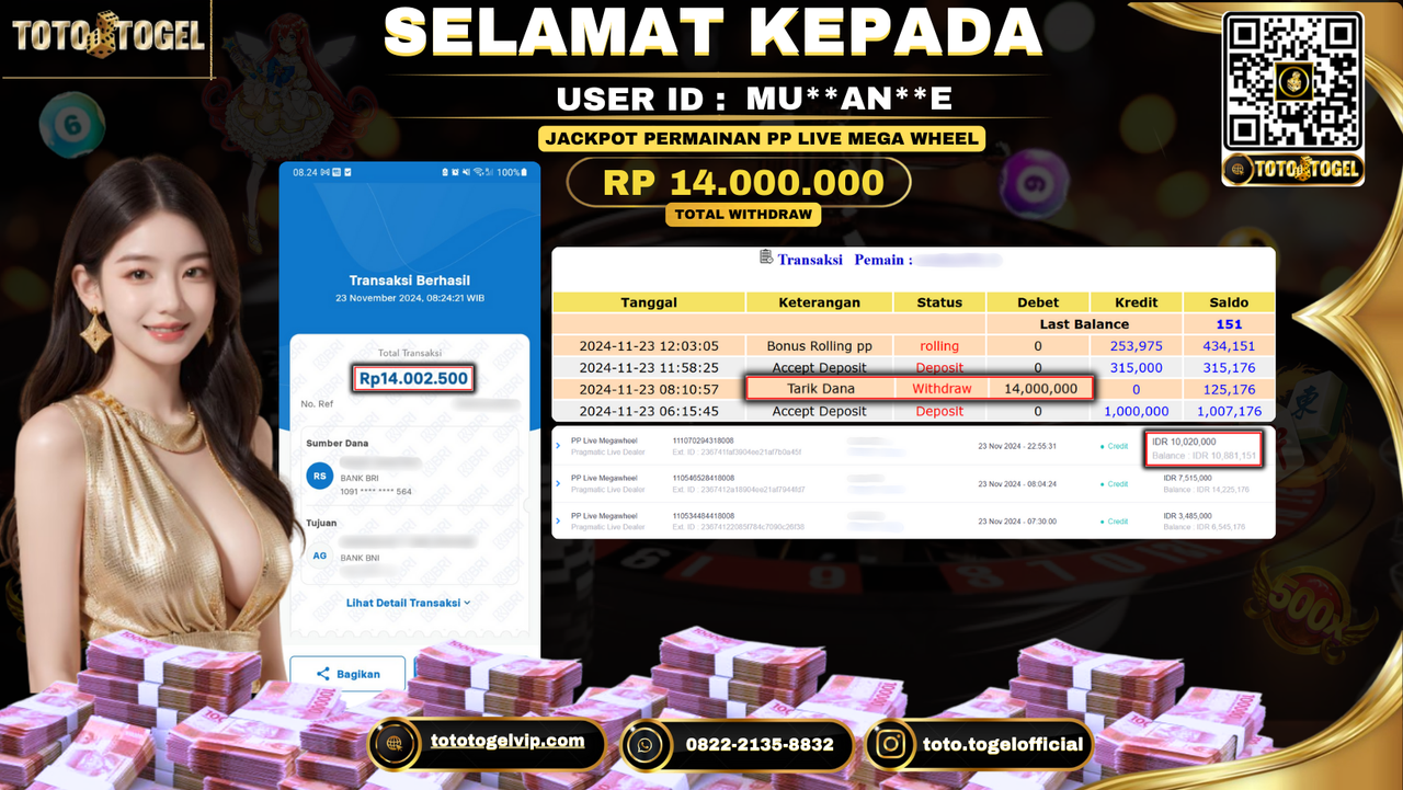 Bukti Pembayaran Jackpot Permainan Live Game Mega Wheel  ID: MU**AN**E LUNAS 