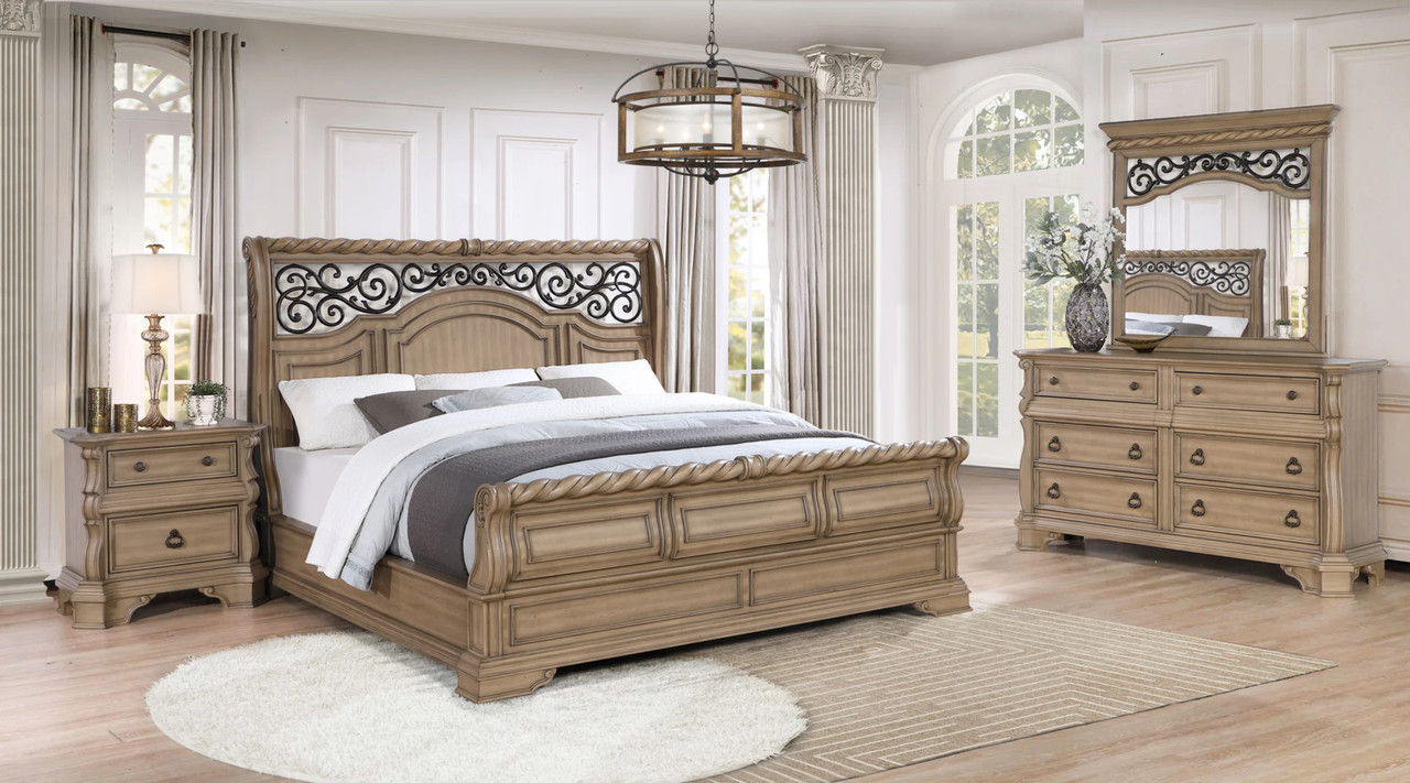 NEW Classic Sleigh King Queen 4PC Bedroom Set Traditional Oak