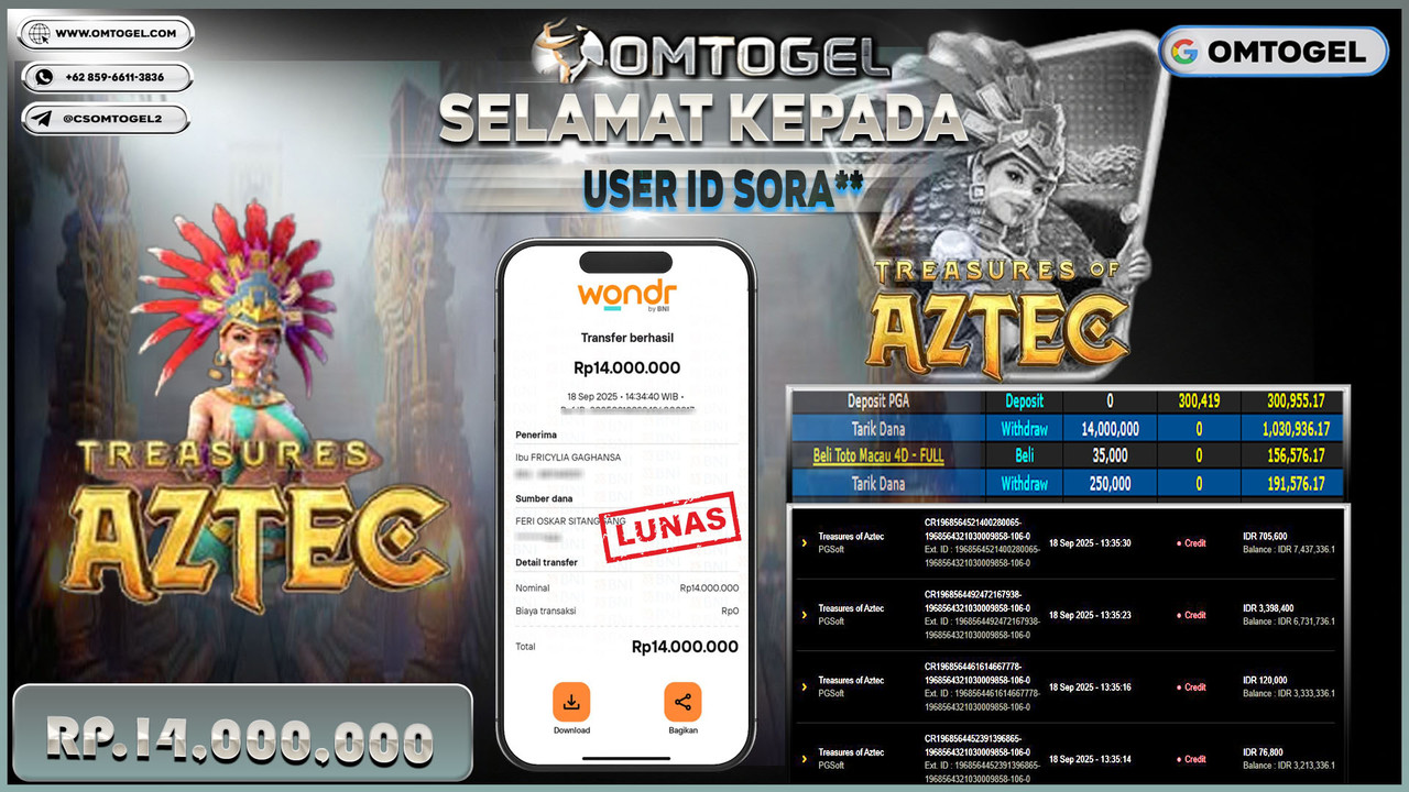 OMTOGEL JACKPOT PGSOFT TREASURE OF AZTEC 14 JUTA DI BAYAR LUNAS ,-