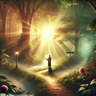 A contemplative figure stands at a fork in a misty forest, facing two diverging paths. Sunlight filters through the trees, evoking a sense of wonder, choice, and quiet reflection.

