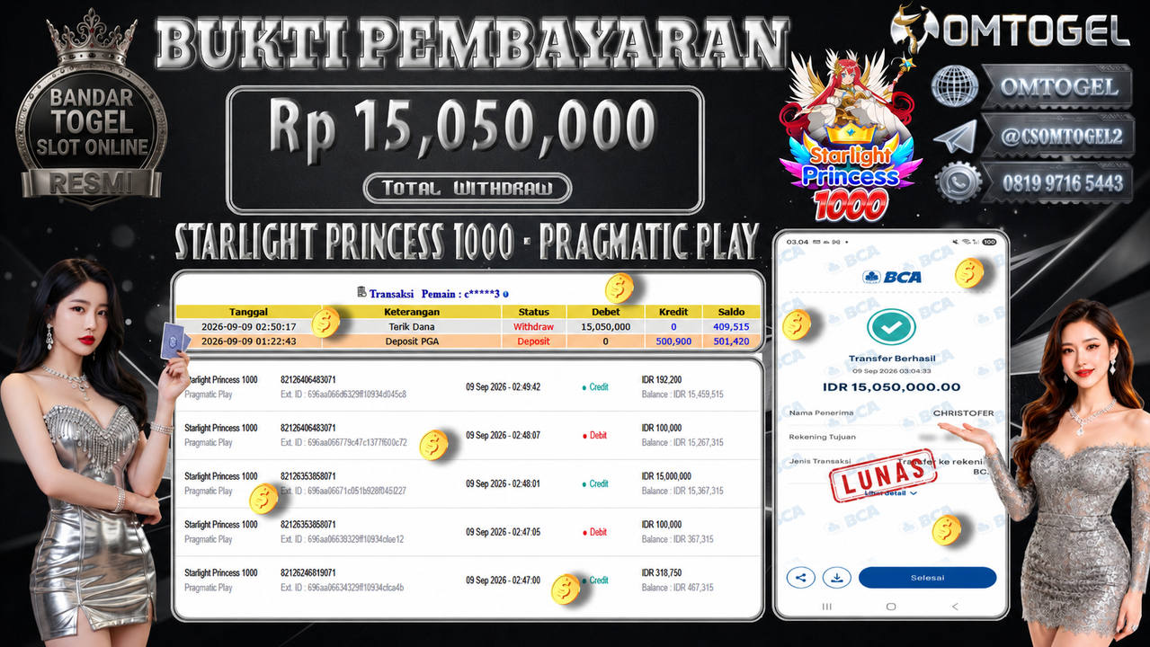 OMTOGEL JACKPOT PRAGMATIC PLAY STARLIGHT PRINCESS 1000 Rp.15,050,000,- DIBAYAR LUNAS