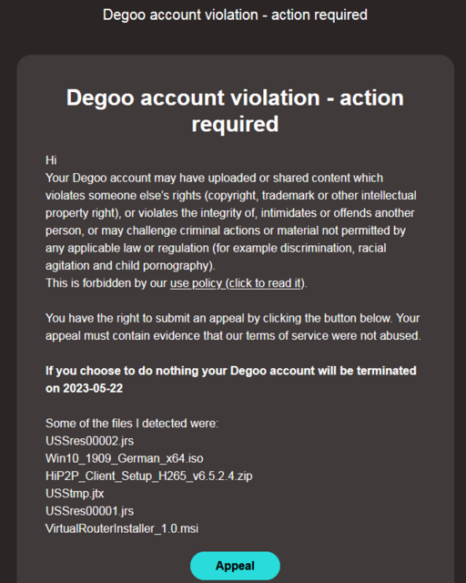 Degoo account violation notification