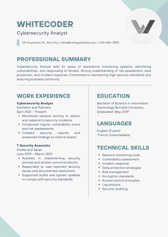 Blue and White Minimalist Professional Cybersecurity Analyst Resume CV Template