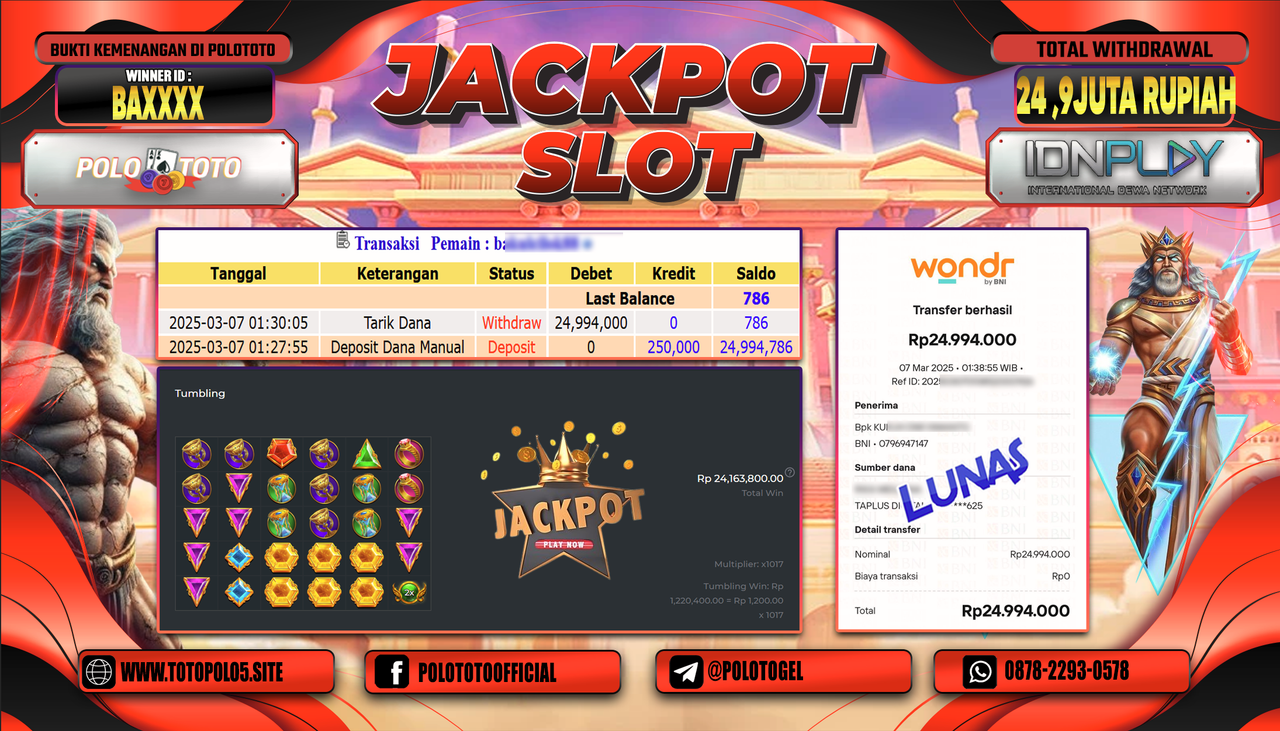 POLOTOTO JACKPOT SLOT GATES OF OLYMPUS 1000 Rp.24.994.000,-